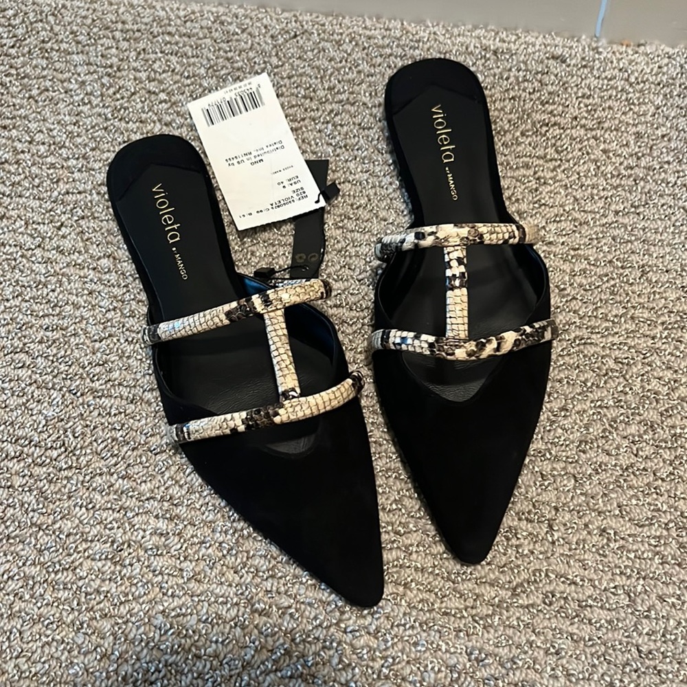 Black suede with snake skin accent mules